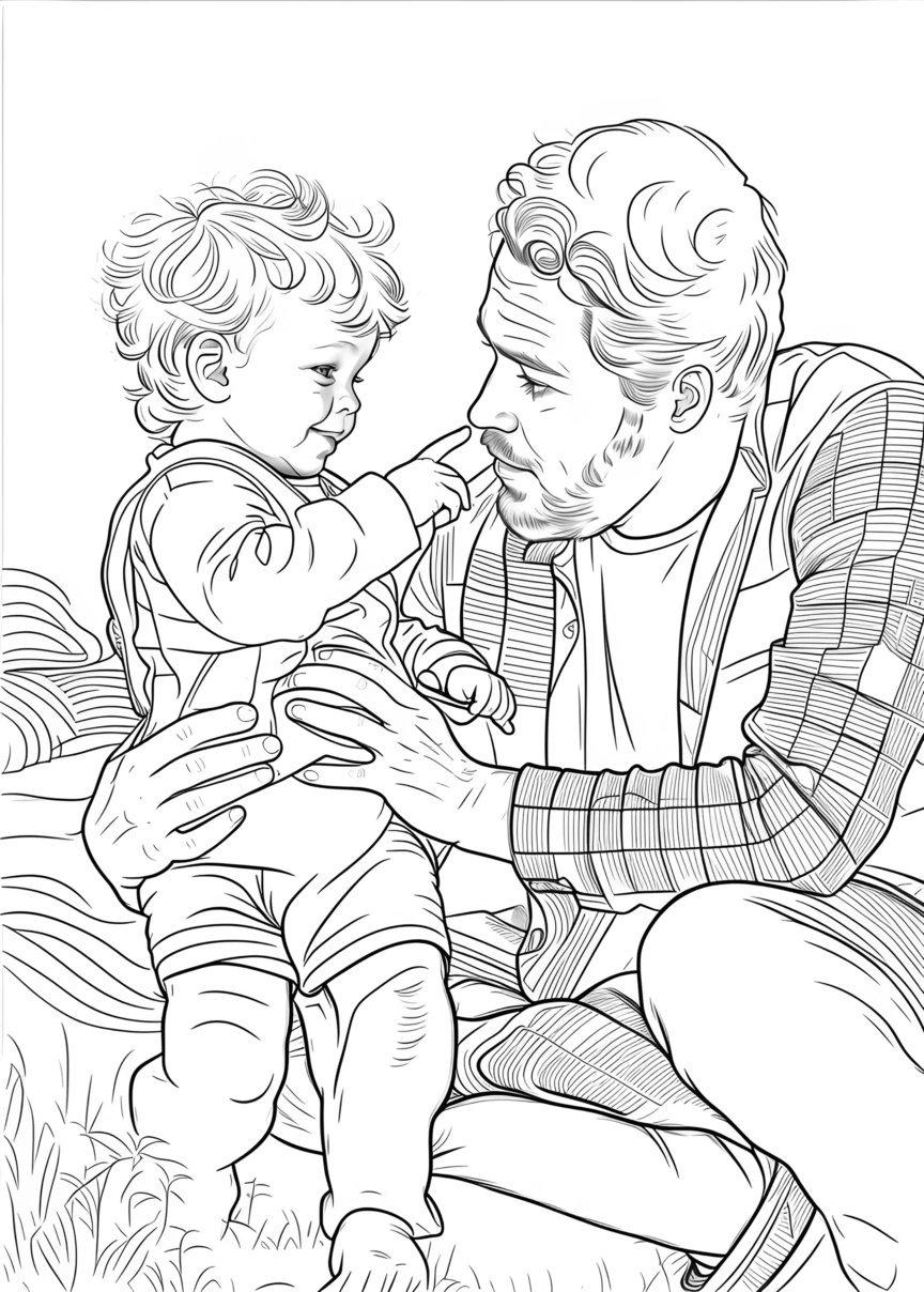 Line sketch drawing of a father and toddler, created from a reference photo by generative AI similar as MidJourney and ChatGPT