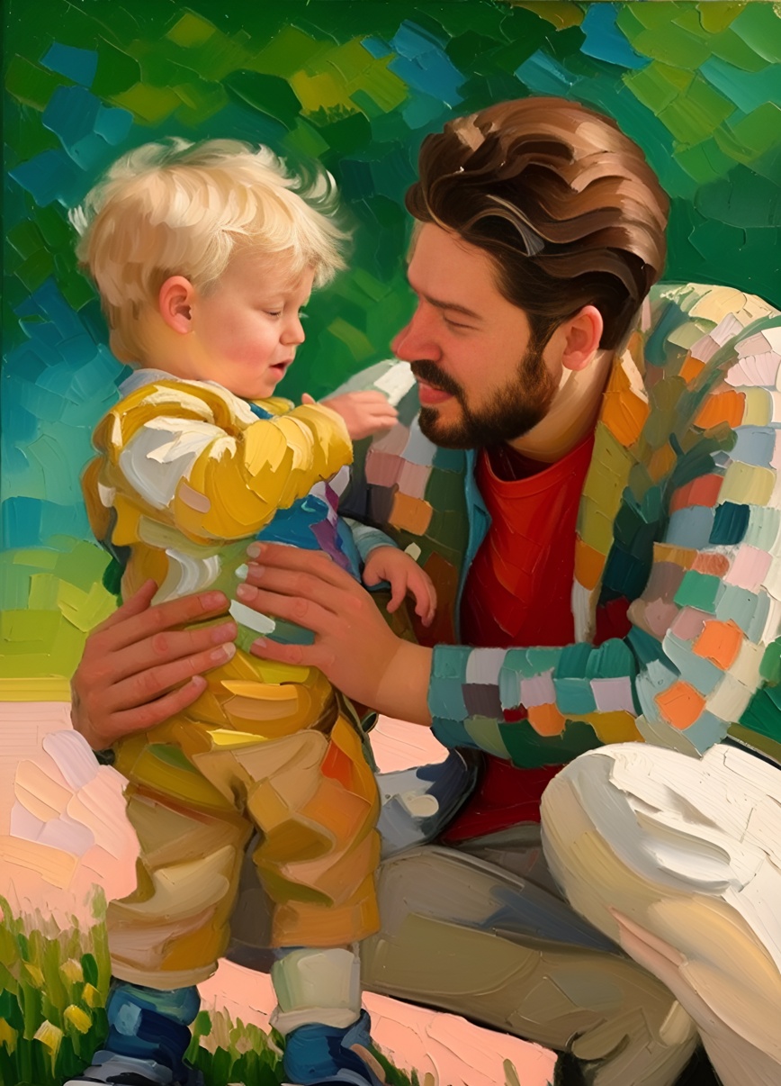 Oil painting of a father and a toddler, created from a reference photo by generative AI similar as MidJourney and ChatGPT