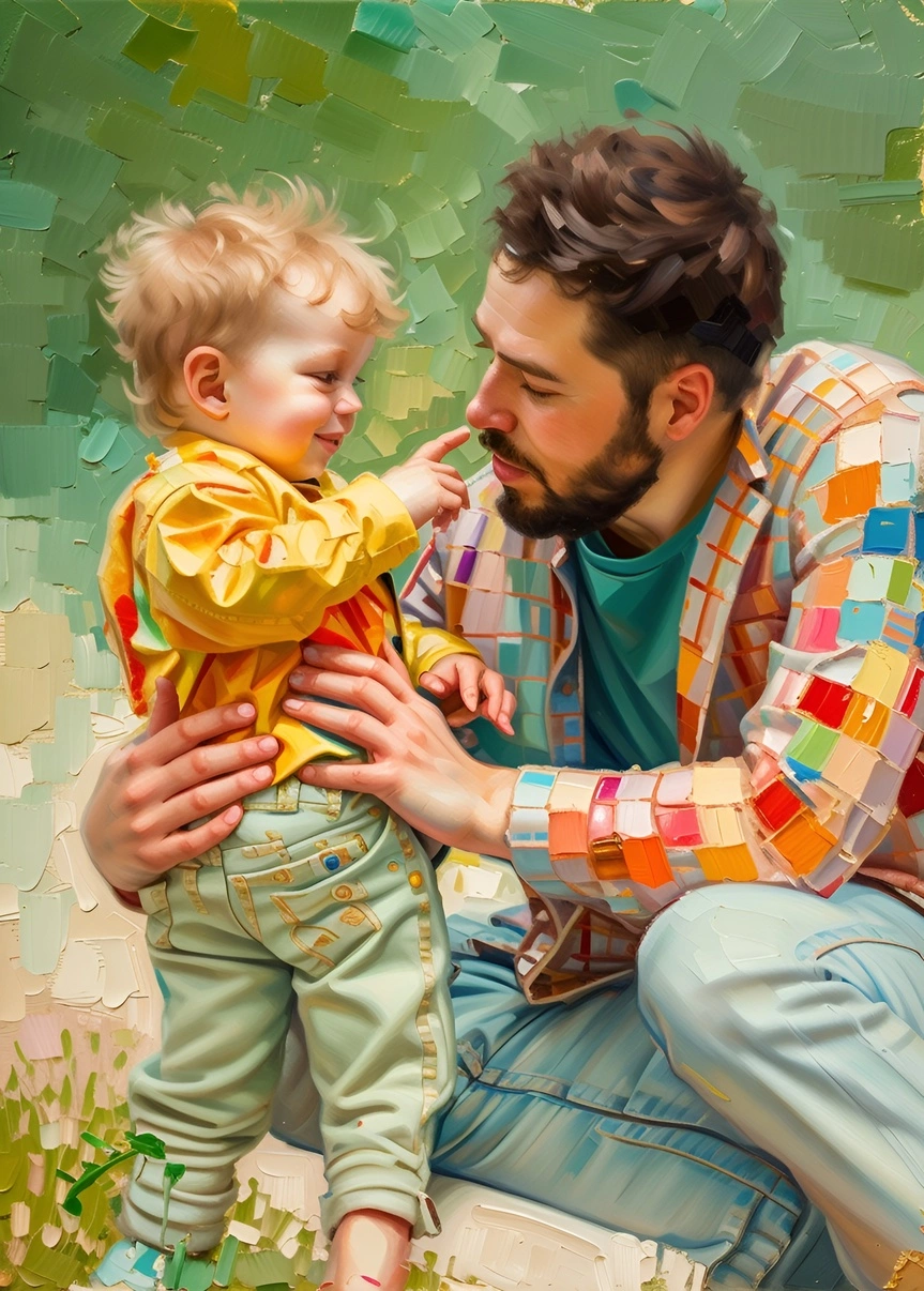 Oil painting of a father and a toddler, created from a reference photo by generative AI similar as MidJourney and ChatGPT