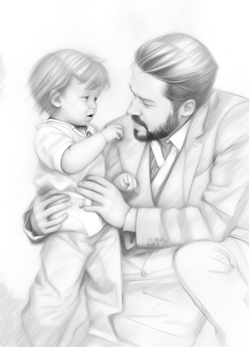 Pencil sketch drawing of a father and toddler, created from a reference photo by generative AI similar as MidJourney and ChatGPT