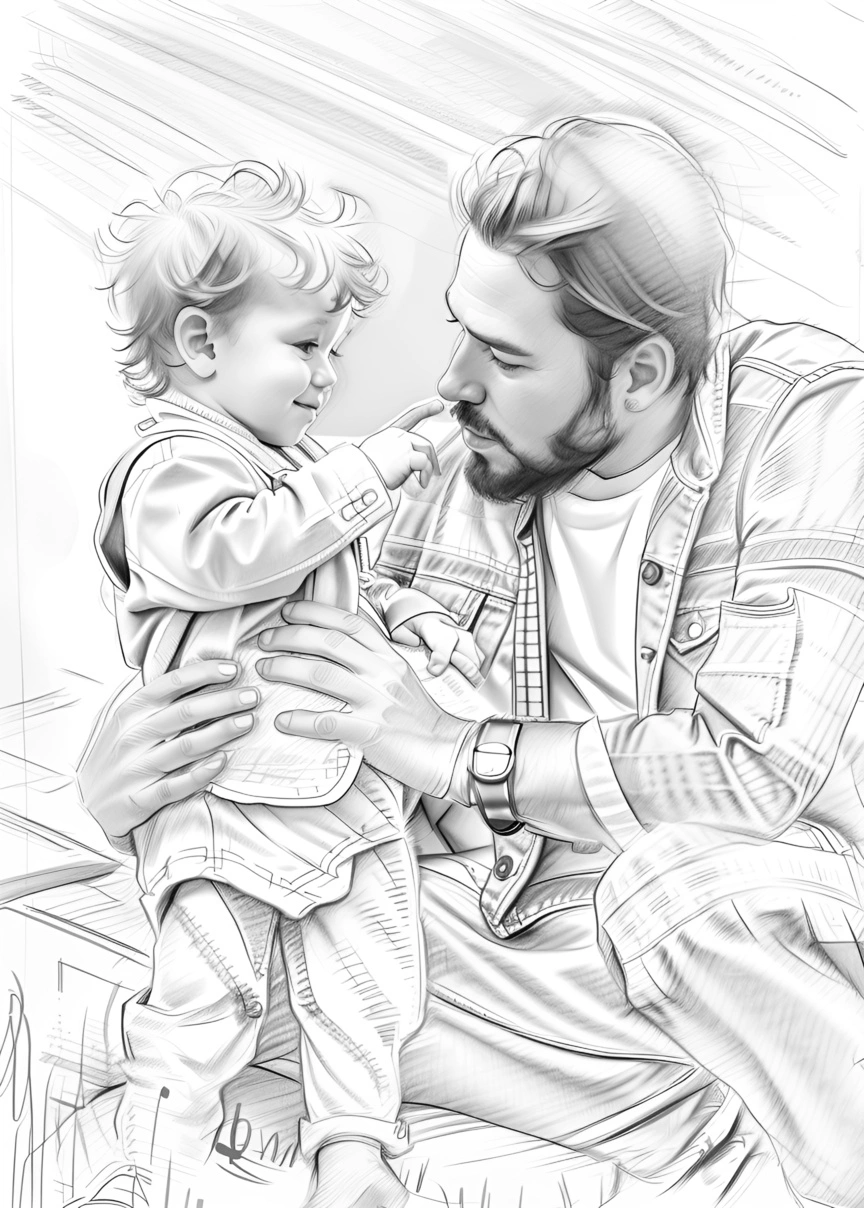 Pencil sketch drawing of a father and toddler, created from a reference photo by generative AI similar as MidJourney and ChatGPT