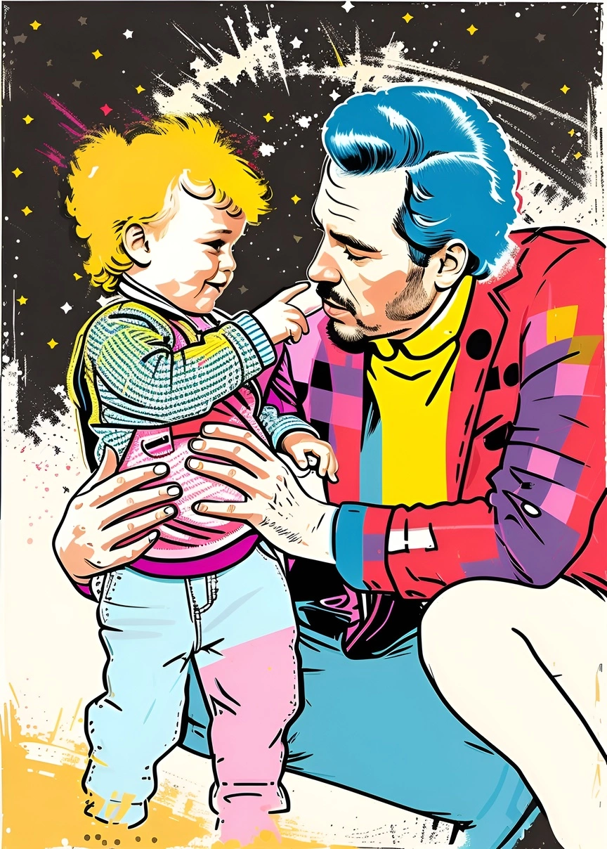 Pop art of a father and toggler, created from a reference photo by generative AI similar as MidJourney and ChatGPT