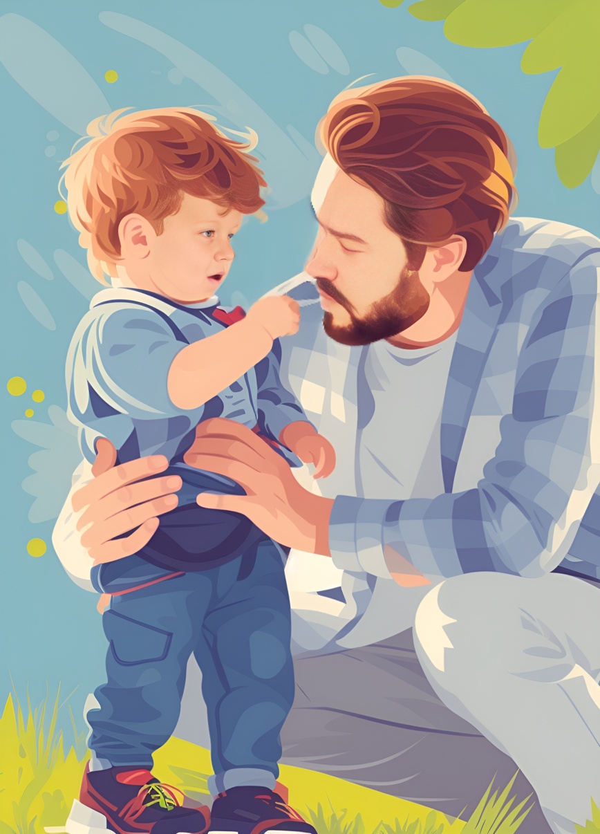 Vector art picture of a father and toddler, created from a reference photo by generative AI similar as MidJourney and ChatGPT