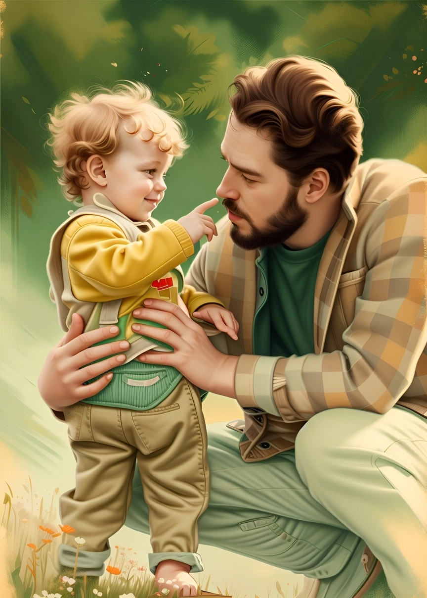 Vintage painting of a father and toddler son, created from a reference photo by generative AI similar as MidJourney and ChatGPT