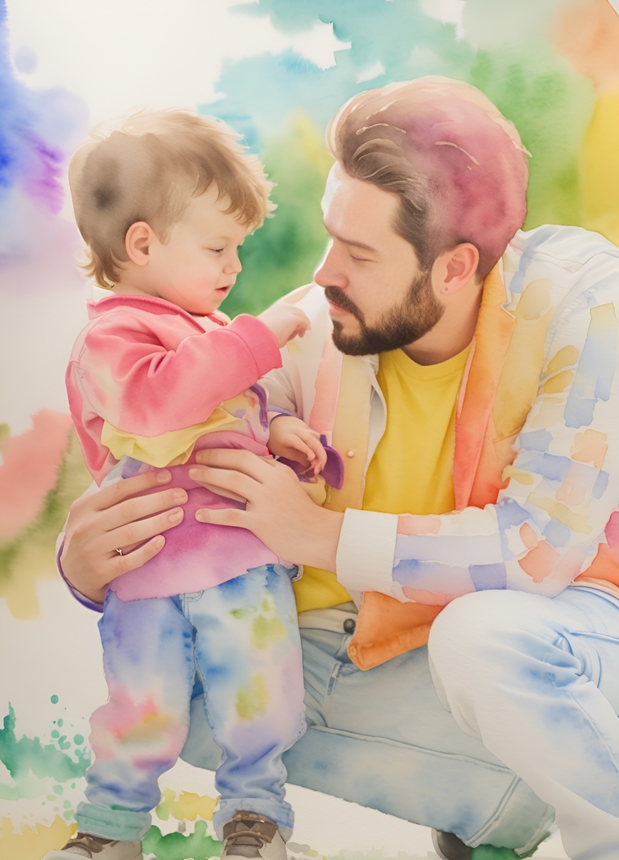 Watercolor painting of a father and son, created from a reference photo by generative AI similar as MidJourney and ChatGPT