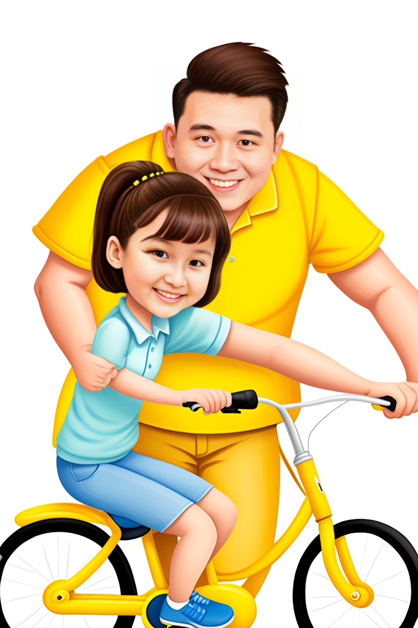 Caricature picture of a dad teaching daughter riding a bike, created from a reference photo by PortraitArt app