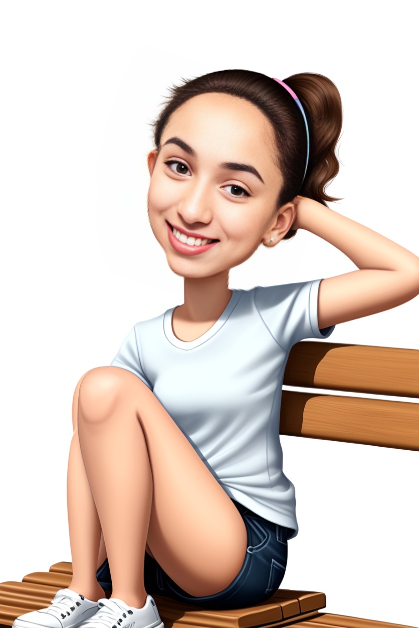 Caricature of a young girl sitting on a bench, created from a reference photo by generative AI similar as MidJourney and ChatGPT