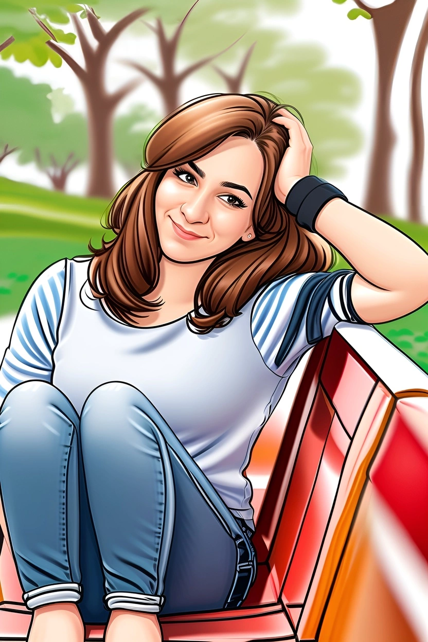 Caricature of a young girl sitting on a bench, created from a reference photo by our AI art generator