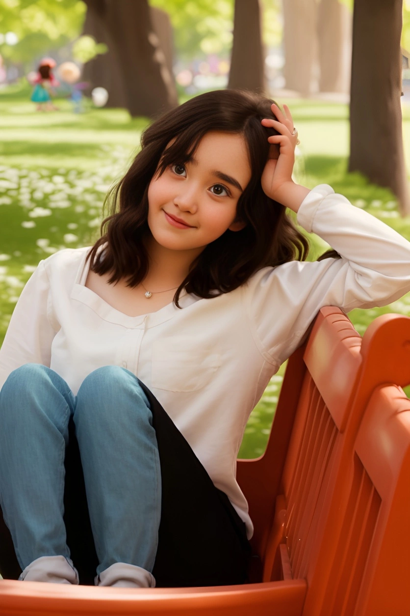 3D cartoon drawing of a young girl sittong on a bench created from a reference photo, by our AI art generator