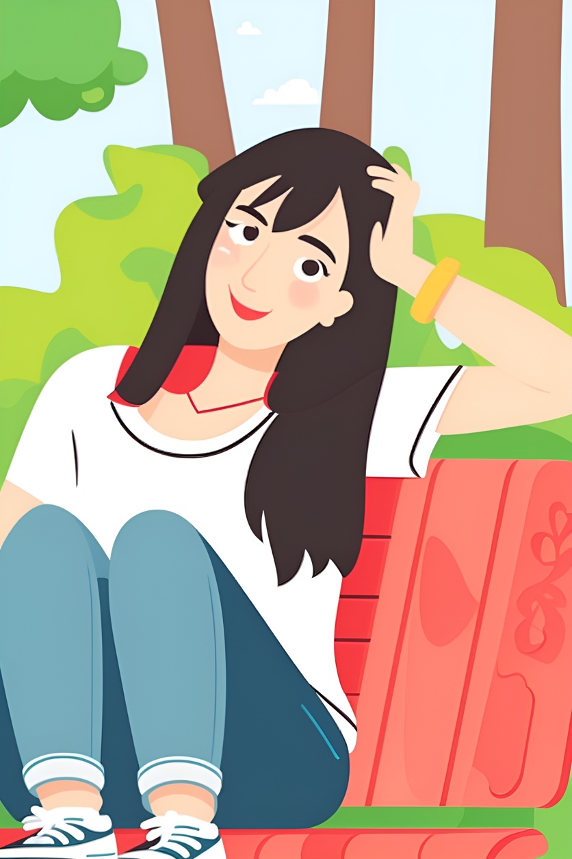cartoon drawing of a young girl sitting on a bench, created from a reference photo by generative AI similar as MidJourney and ChatGPT