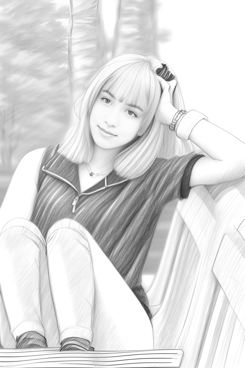 pencil sketch drawing of a girl on bench, created from a reference photo with generative AI similar as MidJourney and ChatGPT