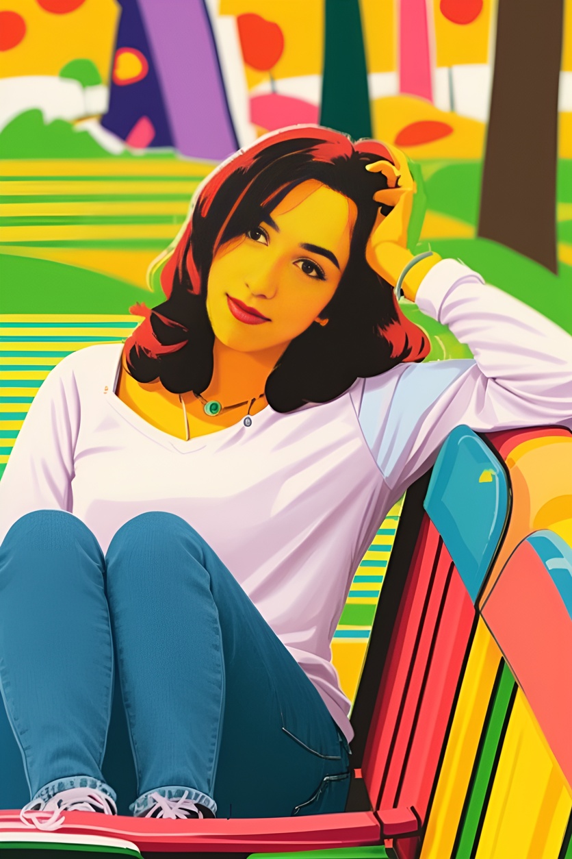 pop art picture of a young girl sitting on a bench, created from a reference photo by generative AI similar as MidJourney and ChatGPT