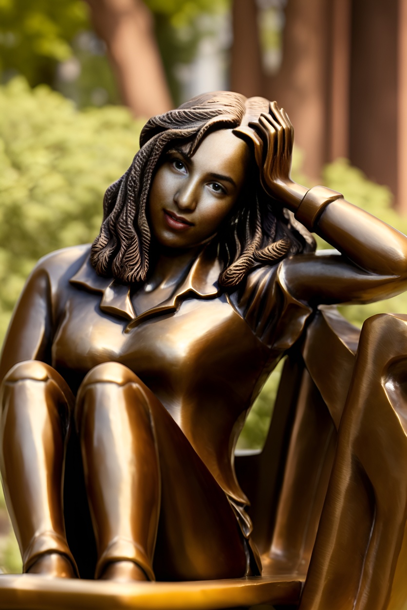 sculpture of a young girl sittong on a bench, made from a reference photo by generative AI similar as MidJourney and ChatGPT