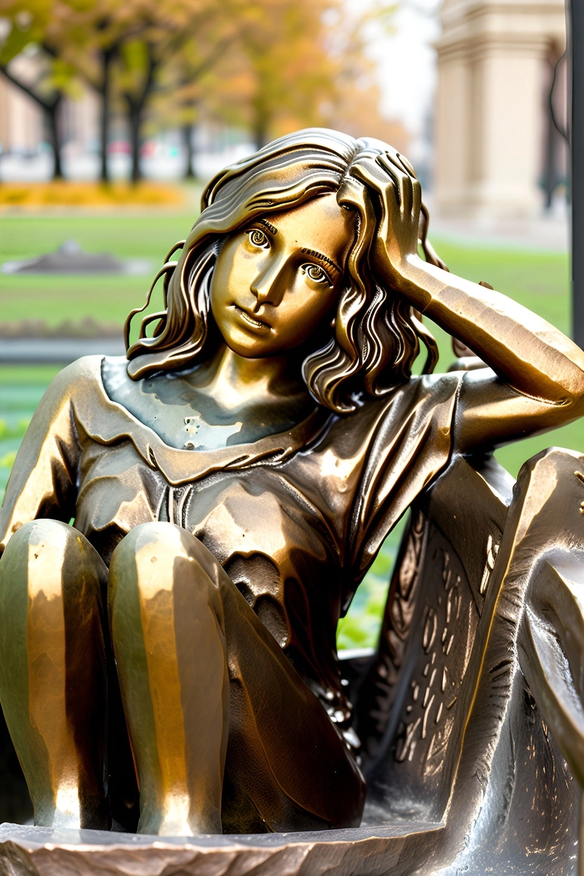 sculpture of a young girl sittong on a bench, made from a reference photo by our AI art generator