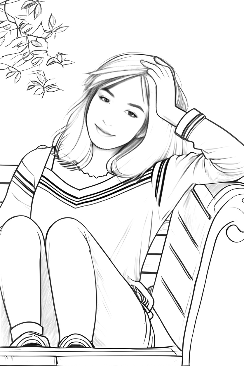 line sketch drawing of a girl on bench from a reference photo, by generative AI similar as MidJourney and ChatGPT