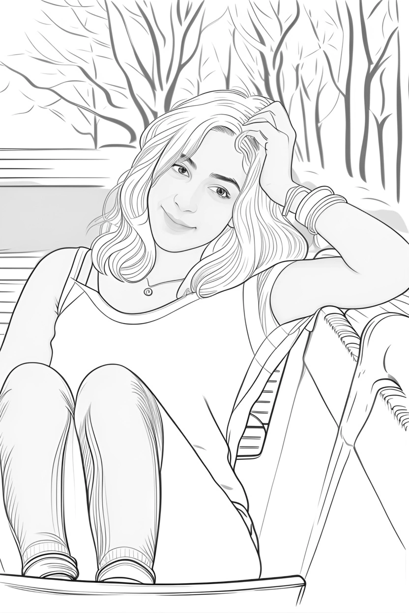 line sketch drawing of a girl on bench from a reference photo, by generative AI similar as MidJourney and ChatGPT