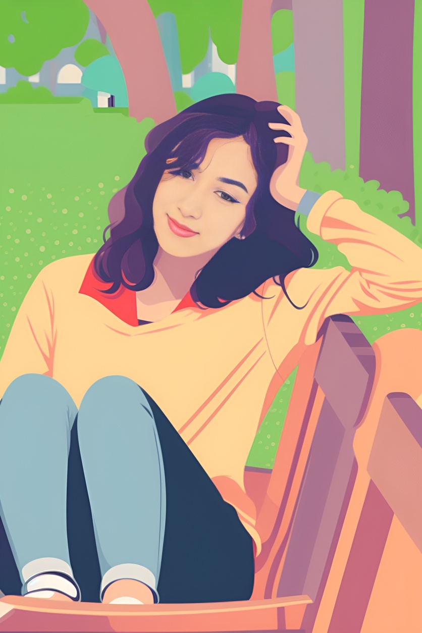 a vector art picture of a girl on a bench from a reference photo, made by generative AI similar as Midjourney and ChatGPT