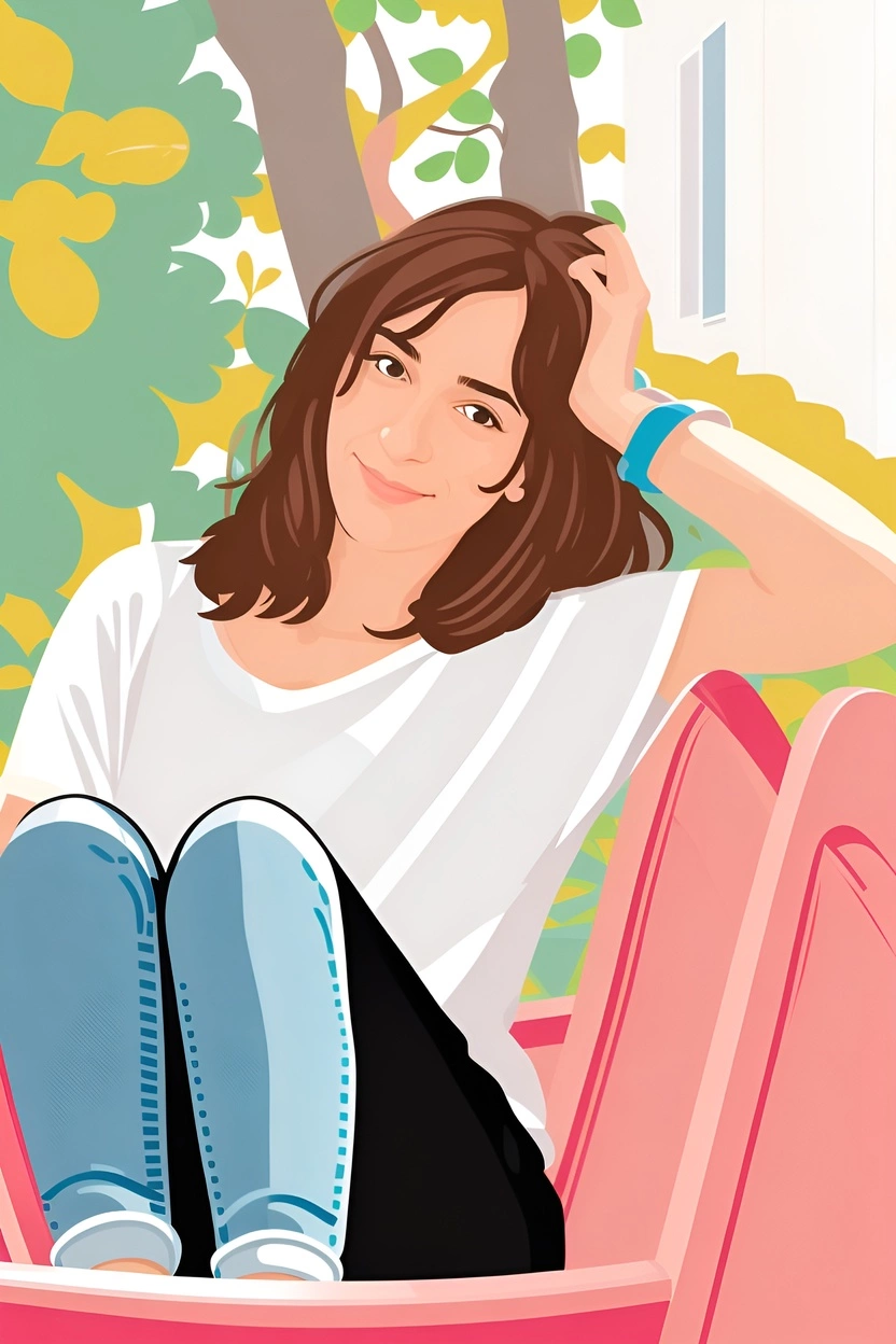 a vector art picture of a girl on a bench from a reference photo, made by generative AI similar as Midjourney and ChatGPT