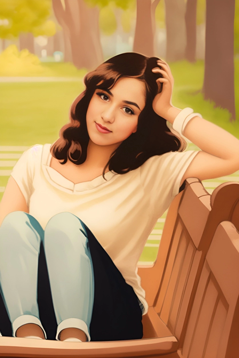 Vintage painting of a girl on a bench, made from a reference photo by our AI art generator