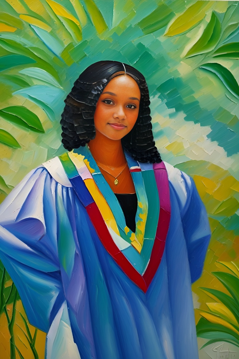 Oil painting of a girl in graduation gown, converted from a reference photo by generative AI similar as MidJourney and ChatGPT