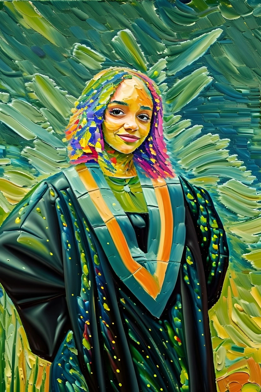 Peinture à l'huile d'une fille en robe de remise des diplômes, convertie à partir d'une photo de référence par Generative Ai similaire à MidJourney et Chatgpt