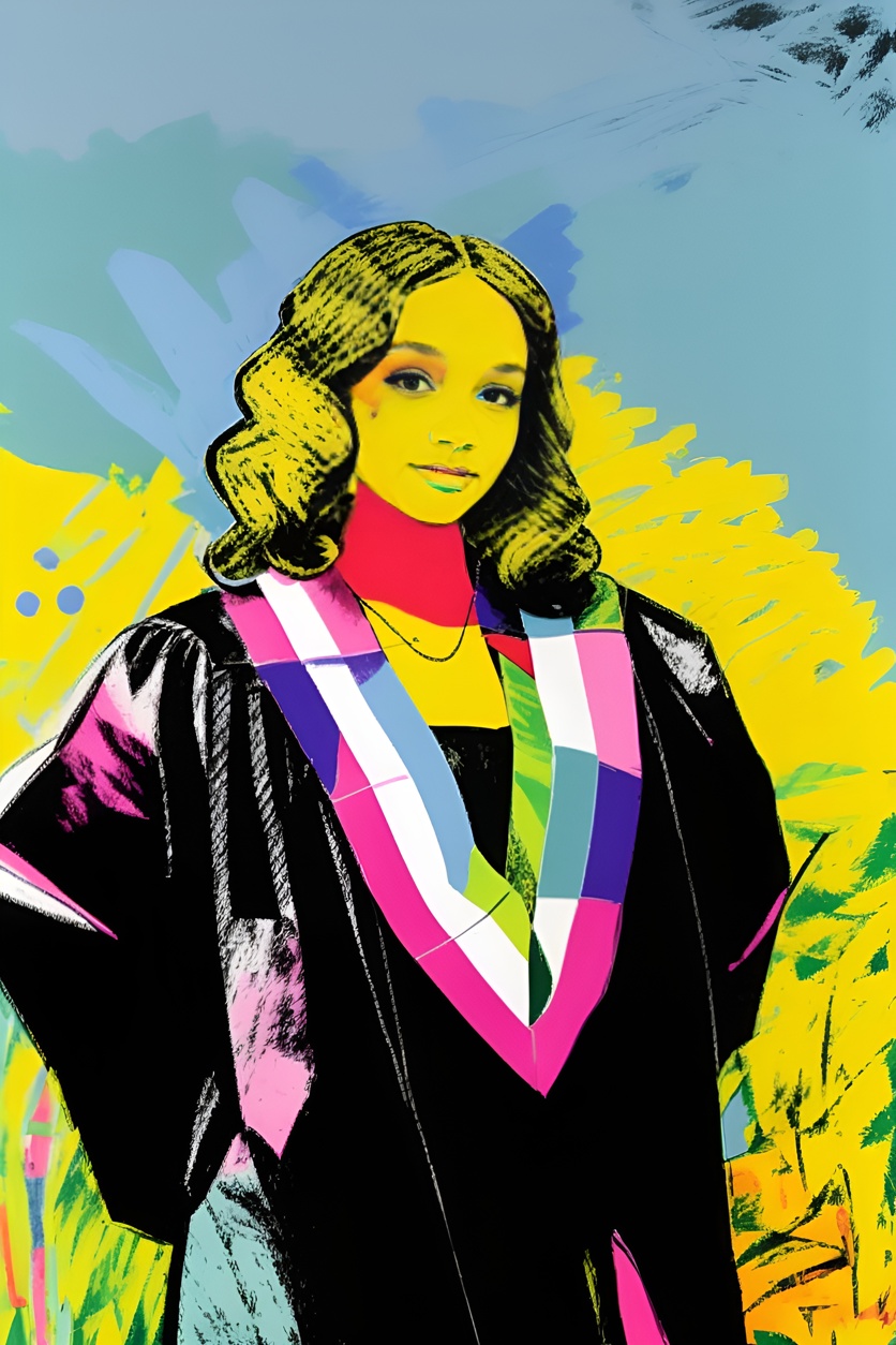 Pop art of a girl in graduation gown, converted from a reference photo by generative AI similar as MidJourney and ChatGPT