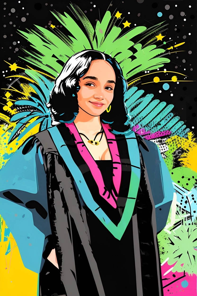 Pop Art d'une fille en robe de remise des diplômes, converti à partir d'une photo de référence par Généative Ai similaire à MidJourney et Chatgpt