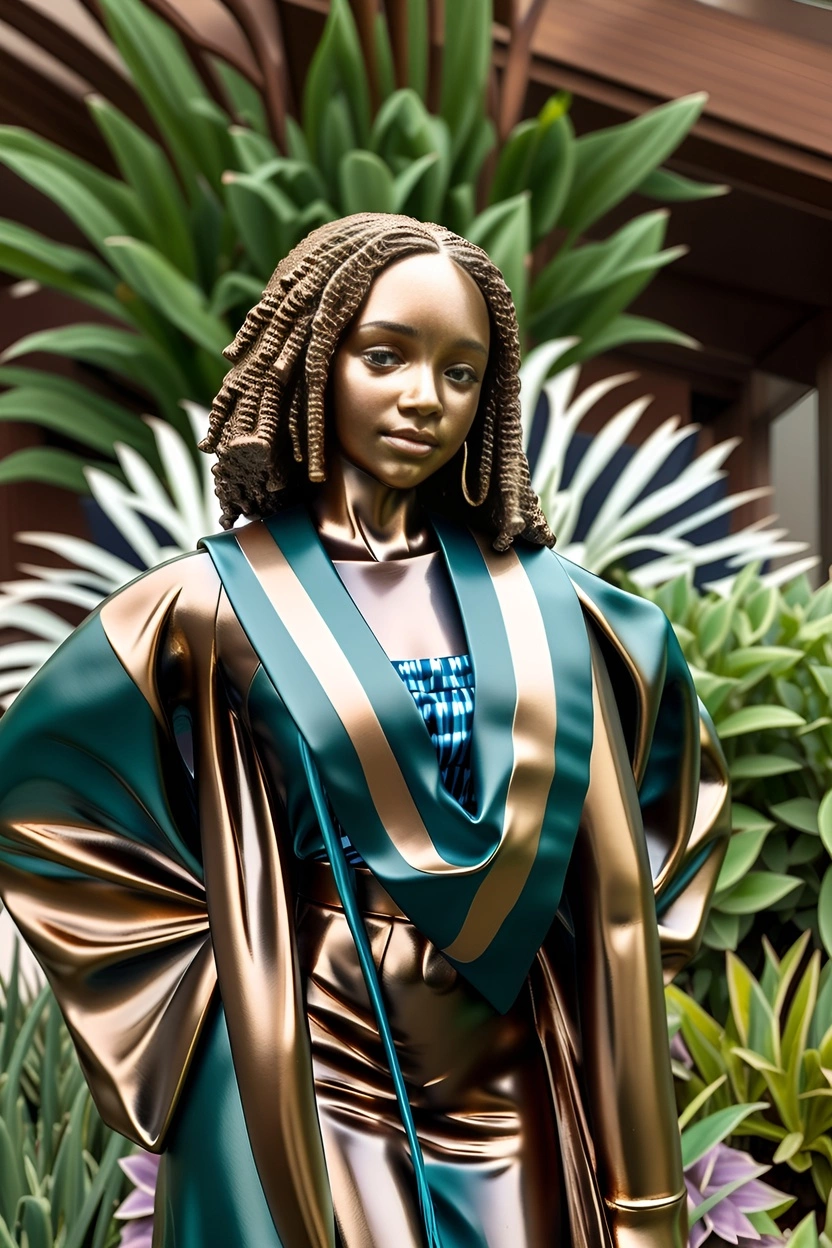 Sculpture of a girl in graduation gown, converted from a reference photo by generative AI similar as MidJourney and ChatGPT