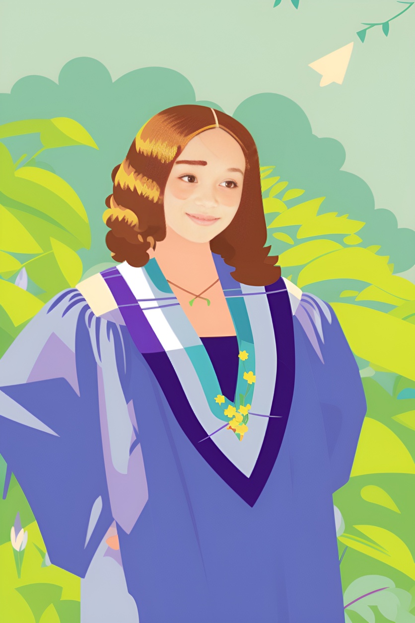 Vector art of a girl in graduation gown, converted from a reference photo by generative AI similar as MidJourney and ChatGPT