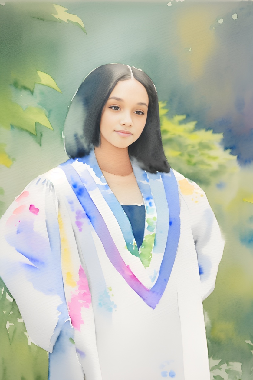 Watercolor painting of a girl in graduation gown, converted from a reference photo by generative AI similar as MidJourney and ChatGPT