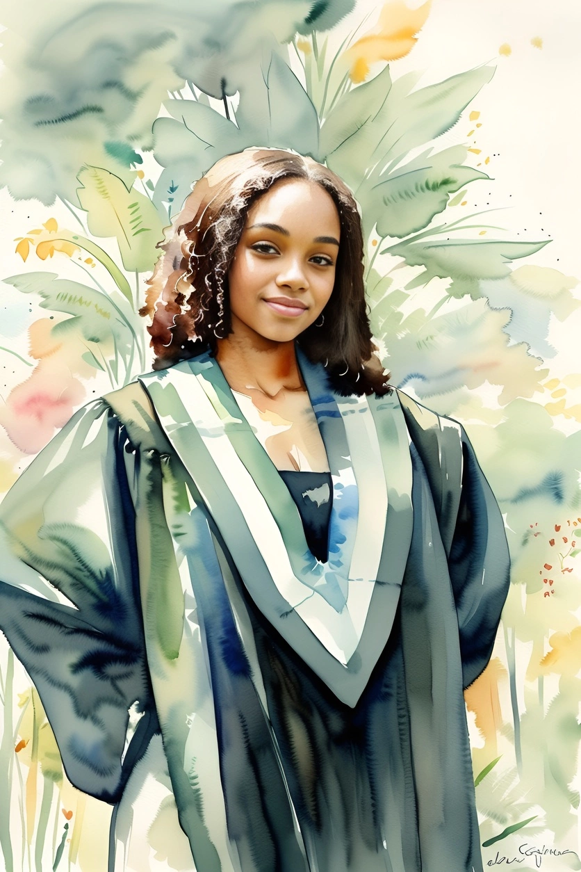 Peinture aquarelle d'une fille en robe de remise des diplômes, convertie à partir d'une photo de référence par Generative Ai similaire à MidJourney et Chatgpt