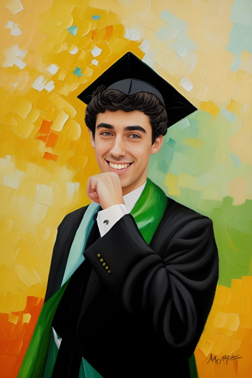 Oil painting of a young man in graduation gown, converted from a reference photo by generative AI similar as MidJourney and ChatGPT