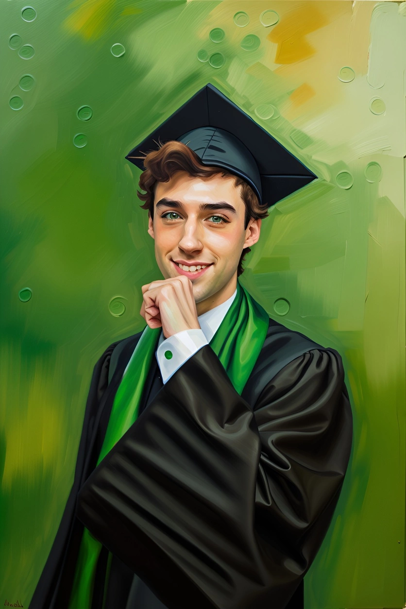 Peinture à l'huile d'un jeune homme en robe de remise des diplômes, convertie à partir d'une photo de référence par Generative Ai similaire que MidJourney et Chatgpt