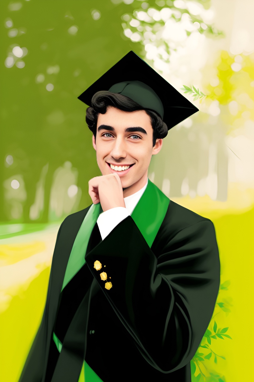 Vintage painting of a young man in graduation gown, converted from a reference photo by generative AI similar as MidJourney and ChatGPT