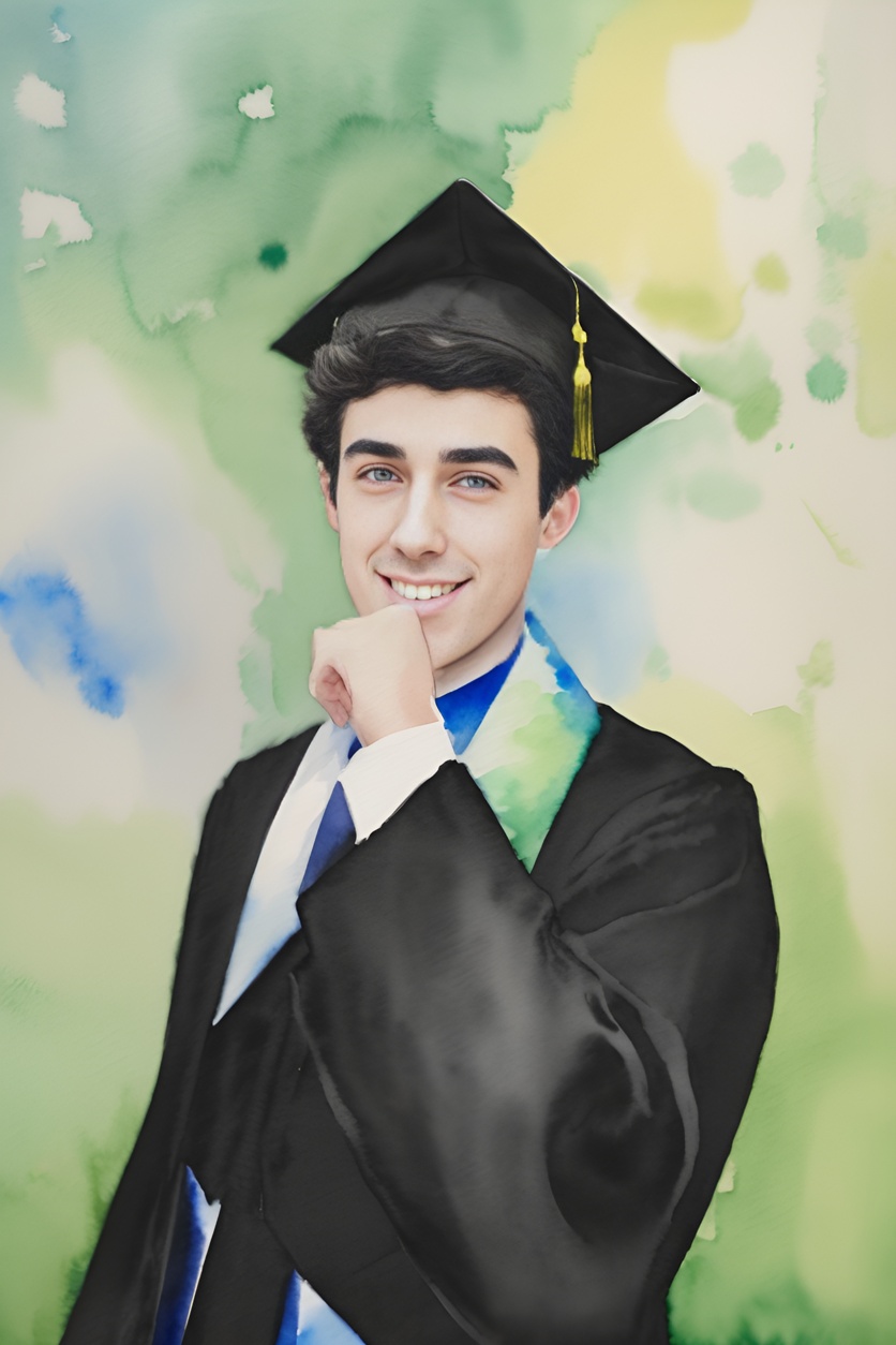 Watercolor painting of a young man in graduation gown, converted from a reference photo by generative AI similar as MidJourney and ChatGPT