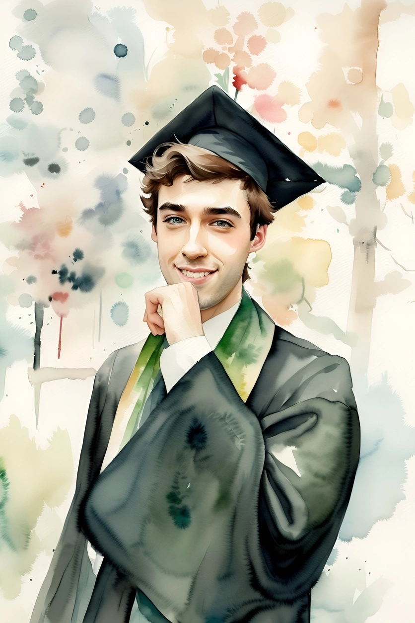 Watercolor painting of a young man in graduation gown, converted from a reference photo by generative AI similar as MidJourney and ChatGPT