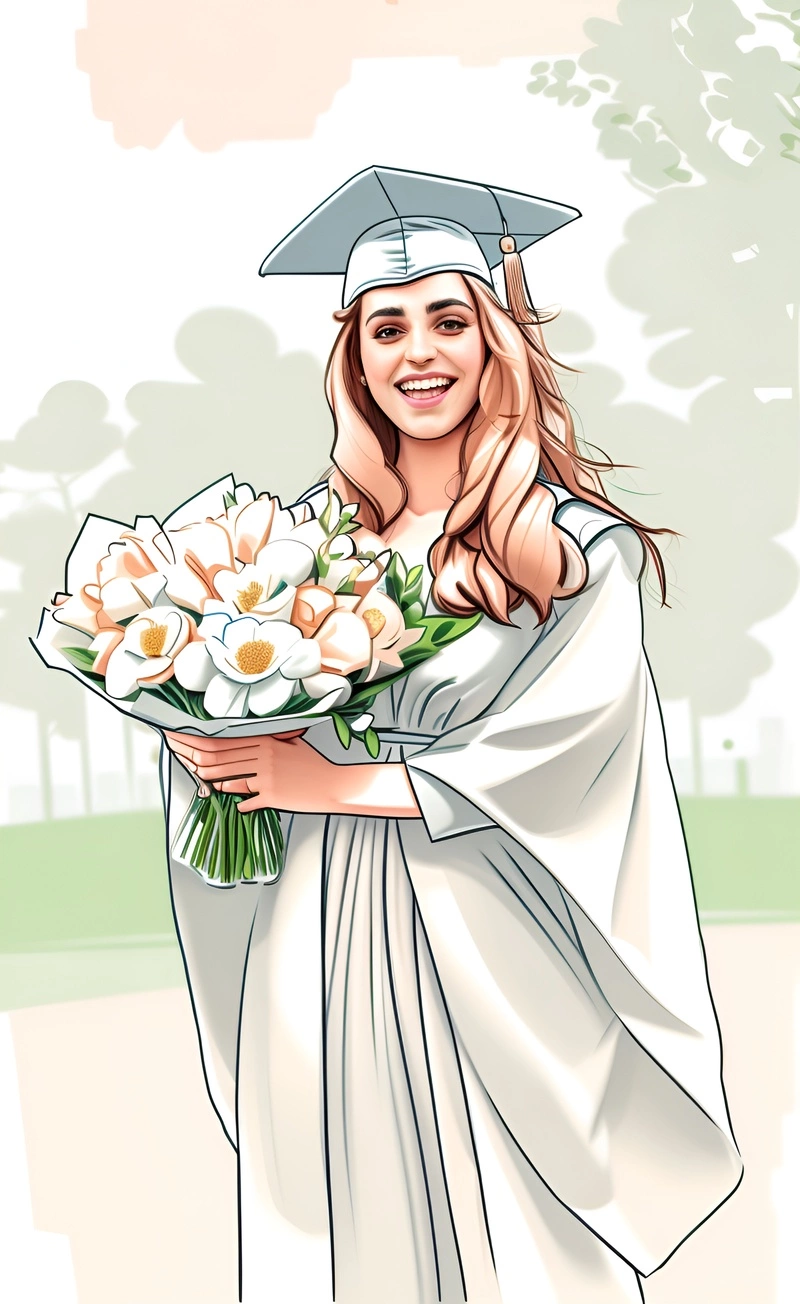 Pop art of a girl in graudation gown and holding flowers, converted from a reference photo by generative AI similar as MidJourney and ChatGPT