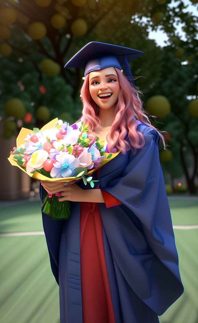 Cartoon 3d di una ragazza in abito di laurea e con fiori, convertito da una foto di riferimento da AI generativa simile a Midjourney e Chatgpt