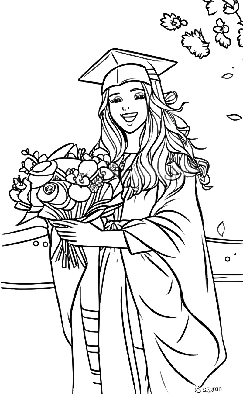 Coloriage d'une fille en robe de remise des diplômes et en tenant des fleurs, convertie à partir d'une photo de référence par Generative Ai similaire à MidJourney et Chatgpt