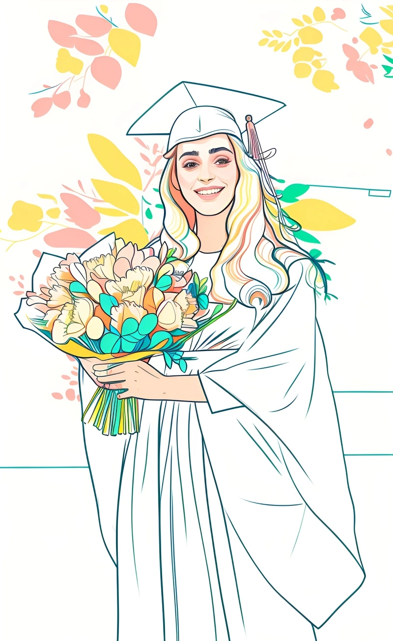 Ligne Art Drawing d'une fille en robe de graduation et tenant des fleurs, converti à partir d'une photo de référence par Generative Ai similaire à MidJourney et Chatgpt