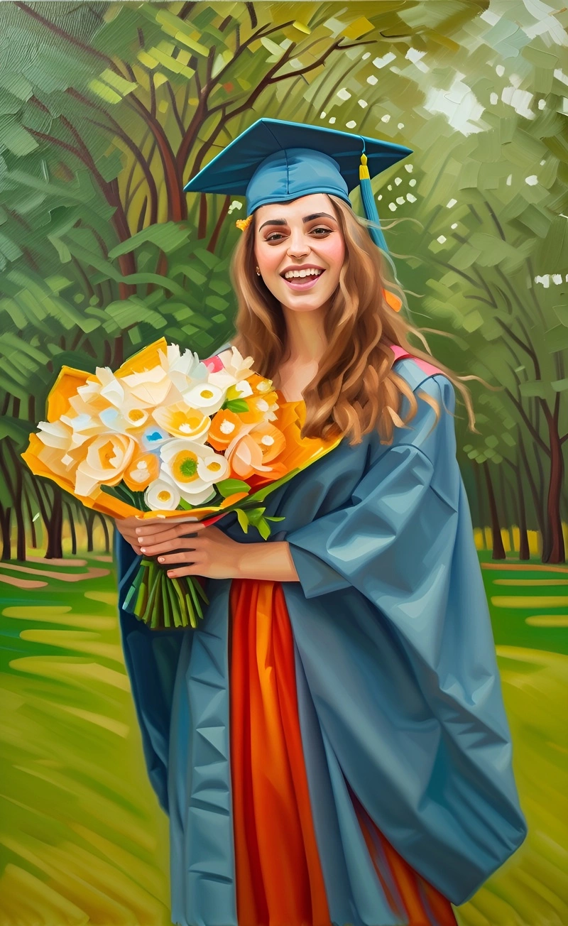 Oil painting of a girl in graduation gown and holding flowers, converted from a reference photo by generative AI similar as MidJourney and ChatGPT