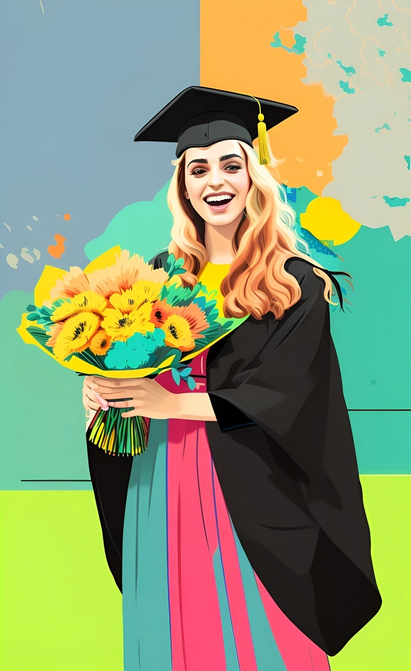 Pop art di una ragazza in abito di laurea e con fiori, convertiti da una foto di riferimento da AI generativa simile a Midjourney e Chatgpt