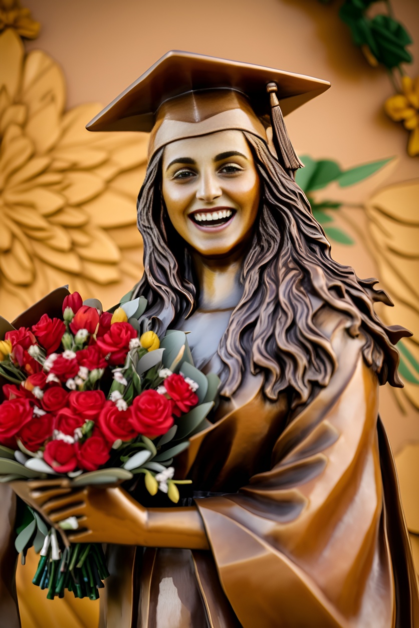 Sculpture of a girl in graduation gown and holding flowers, converted from a reference photo by generative AI similar as MidJourney and ChatGPT