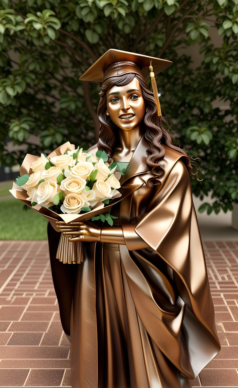 Sculpture of a girl in graduation gown and holding flowers, converted from a reference photo by our AI art generator