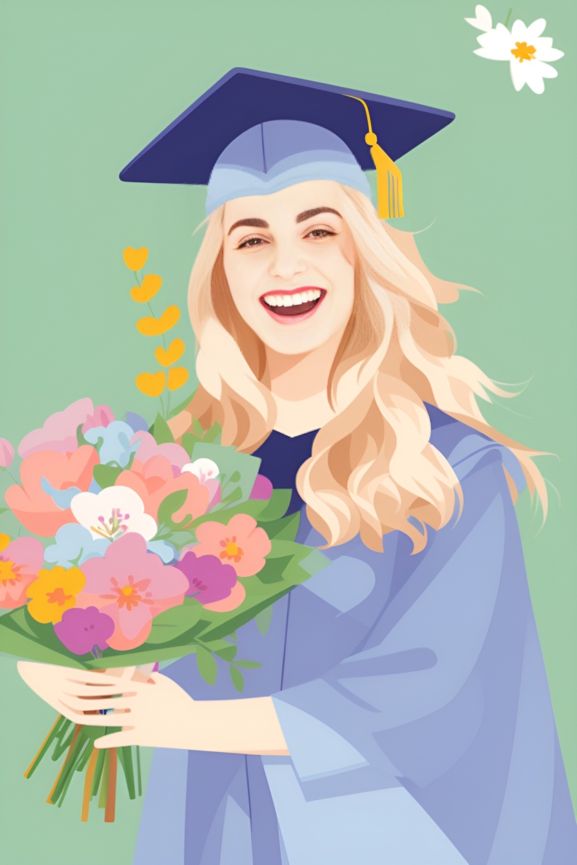 Vector art picture of a girl in graduation gown and holding flowers, converted from a reference photo by generative AI similar as MidJourney and ChatGPT