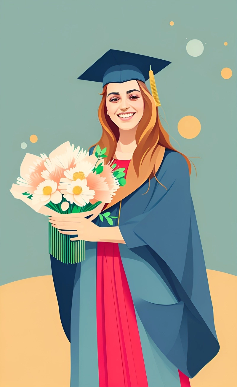 Vector art picture of a girl in graduation gown and holding flowers, converted from a reference photo by generative AI similar as MidJourney and ChatGPT