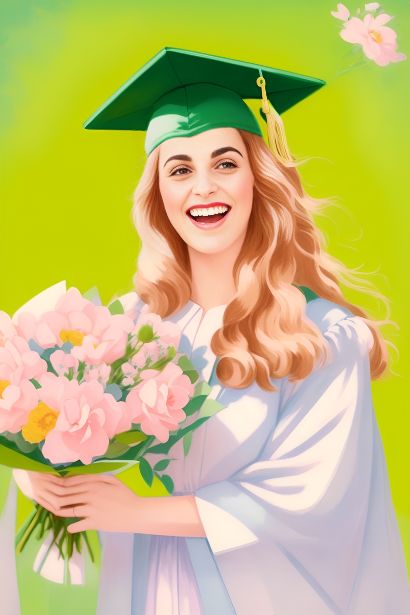 Vintage painting of a girl in graduation gown and holding flowers, converted from a reference photo by generative AI similar as MidJourney and ChatGPT