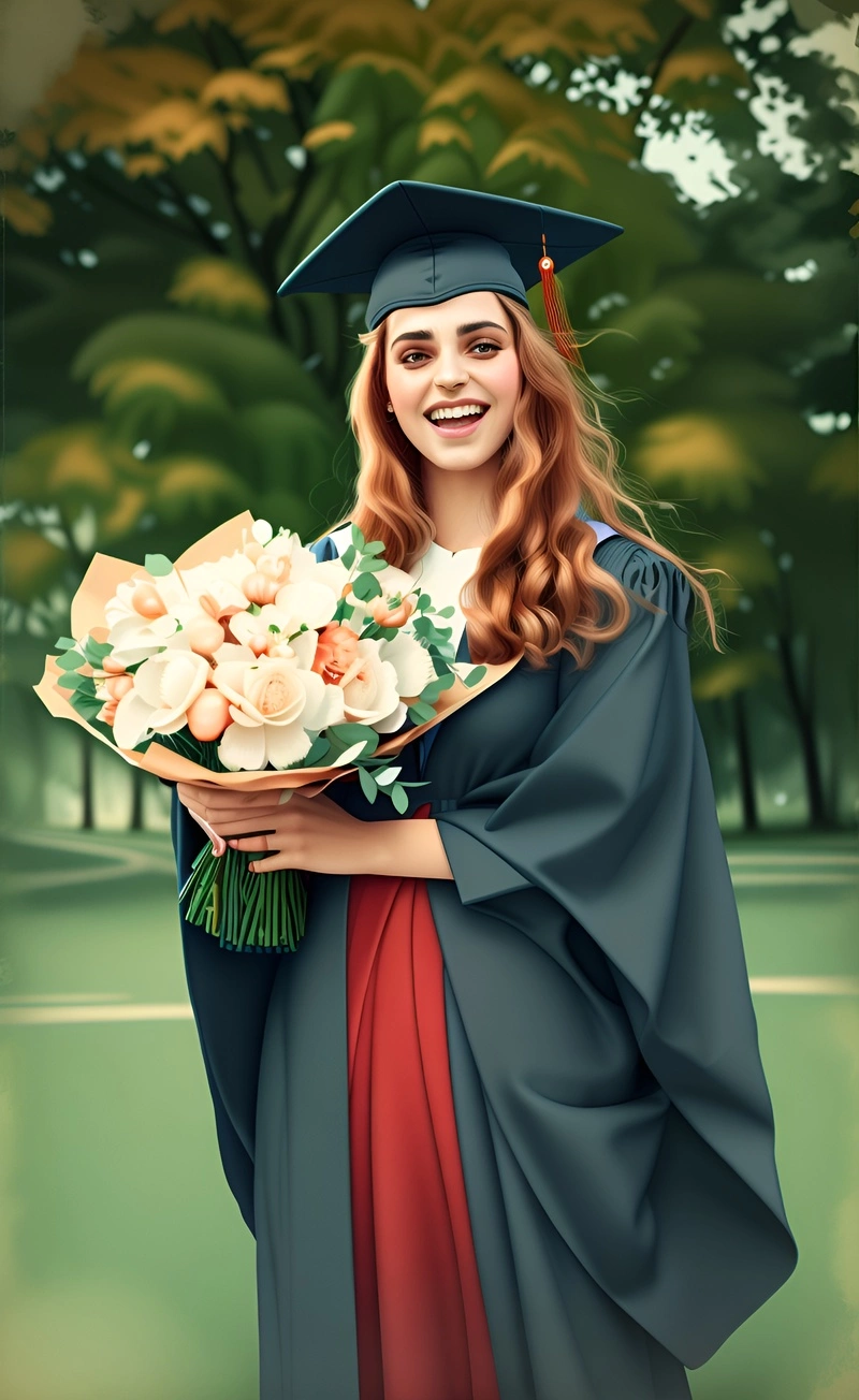 Vintage painting of a girl in graduation gown and holding flowers, converted from a reference photo by our AI art generator