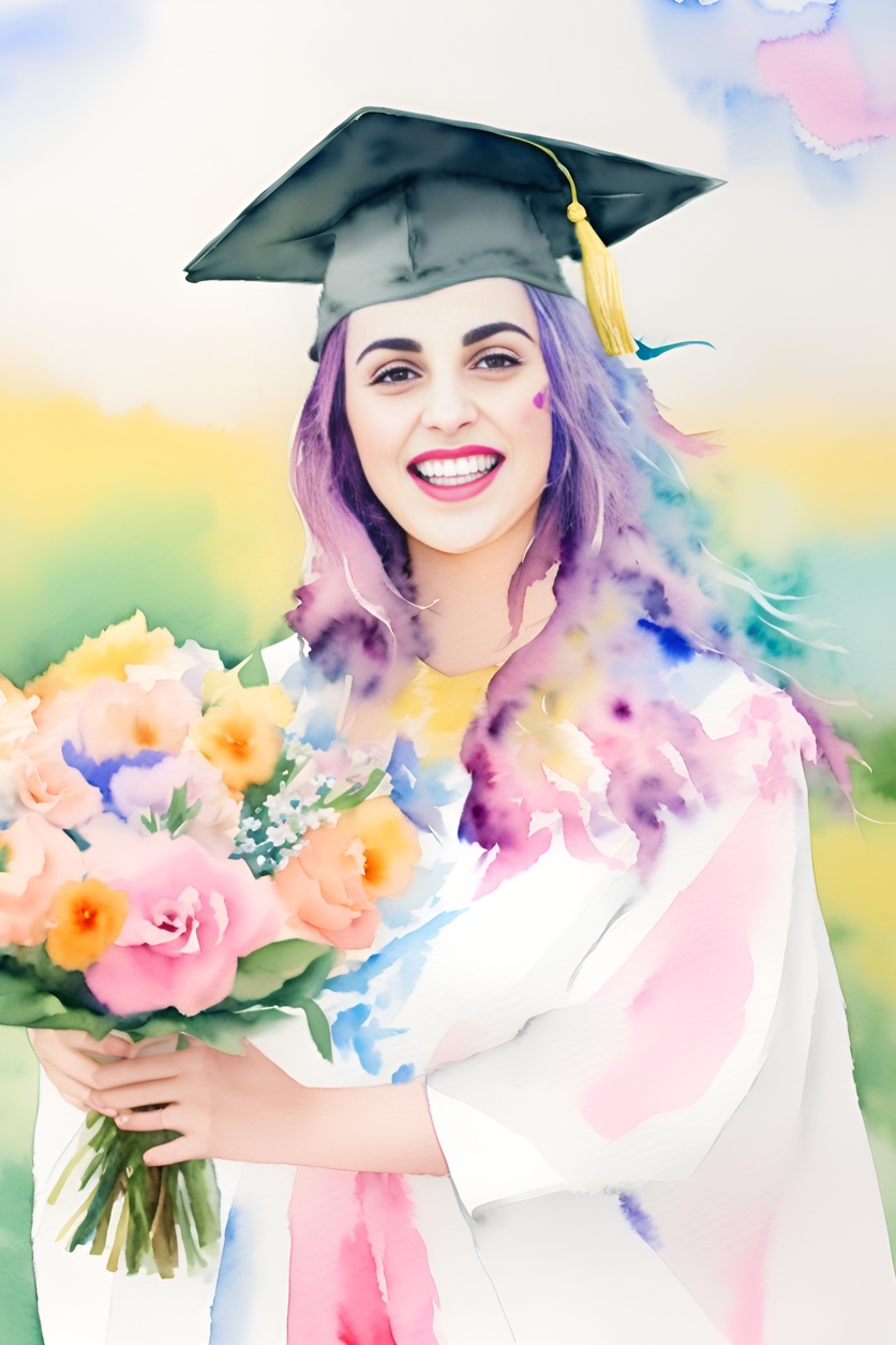 Watercolor painting of a girl in graduation gown and holding flowers, converted from a reference photo by generative AI similar as MidJourney and ChatGPT