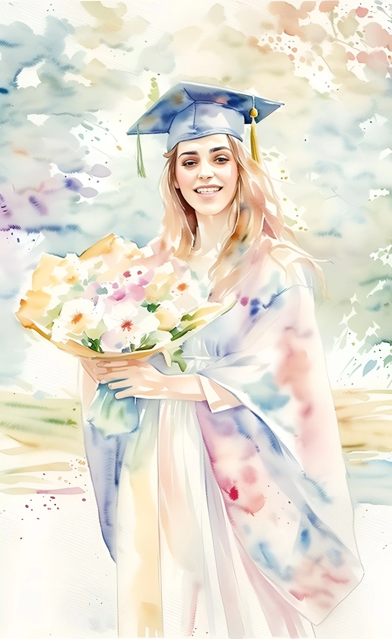 Pittura ad acquerello di una ragazza in abito di laurea e con fiori, convertita da una foto di riferimento da AI generativa simile a Midjourney e Chatgpt